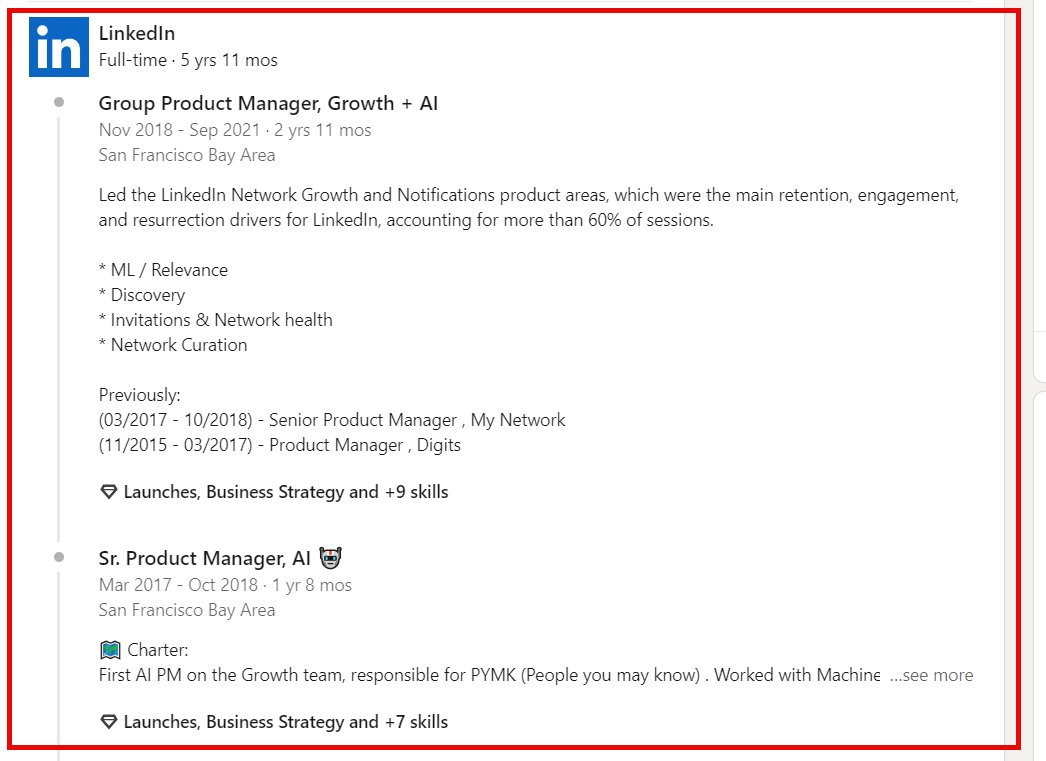 LinkedIn profile experience section example