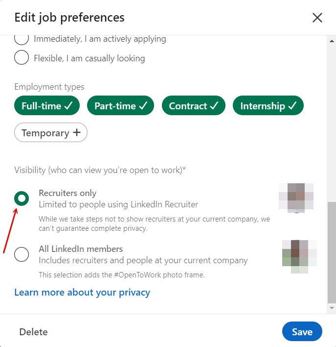 LinkedIn profile setting open-to-work visibility